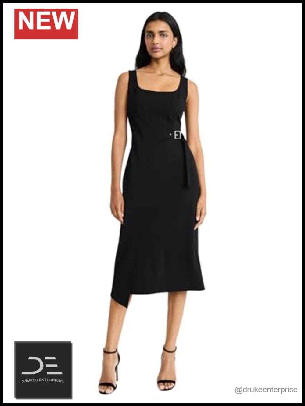 Midi Sheath Dress Wrap Buckle Belt Square Neck Sleeveless Work